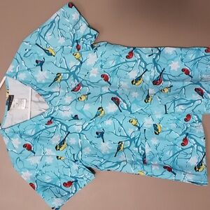 Cherokee Bright Blue Winter Birds Scrub Top w Pen Holder and Front Pockets M